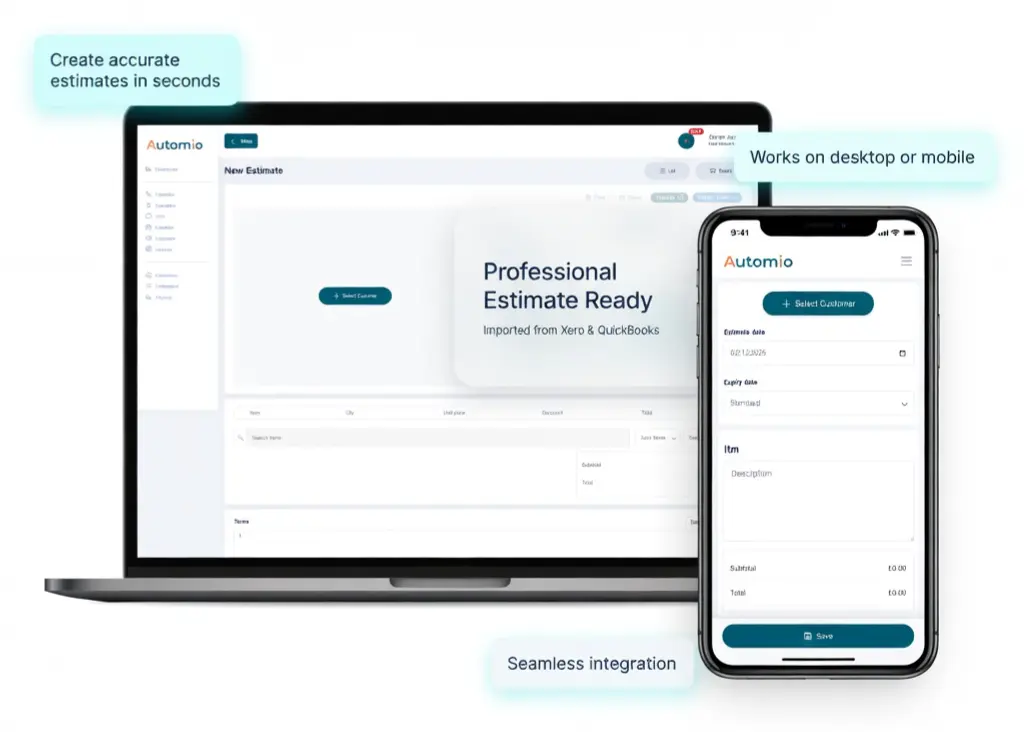 Automio’s Estimation Software feature helps tradesmen estimates faster - Win More Work With Fast, Clear Estimates Automio’s Estimation Software feature helps tradesmen estimates faster - Win More Work With Fast, Clear Estimates